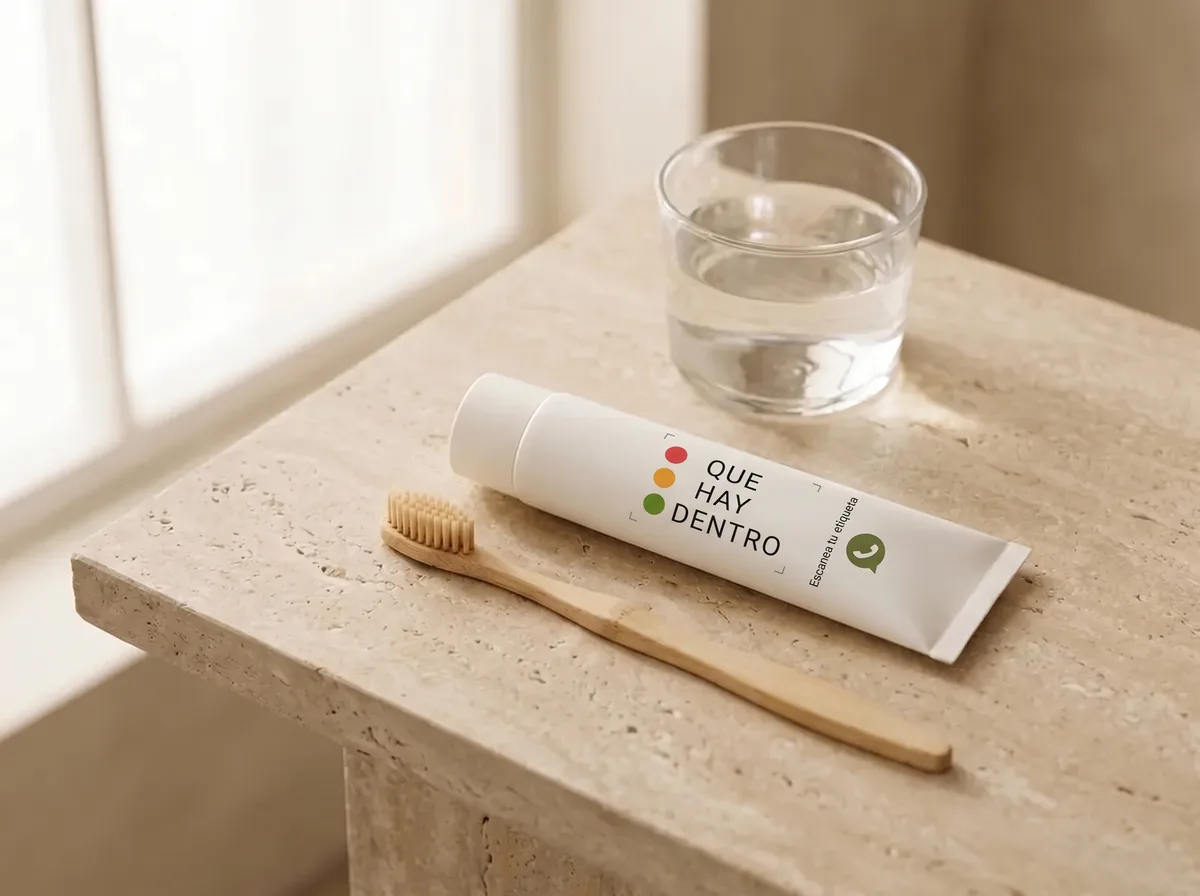 Imagen ilustrativa: tubo de pasta dental con el logo de Qué Hay Dentro y la invitación Escanea tu etiqueta por WhatsApp