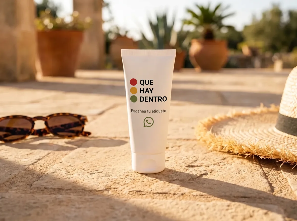 Imagen ilustrativa: tubo de protector solar con el logo de Qué Hay Dentro y la invitación Escanea tu etiqueta por WhatsApp