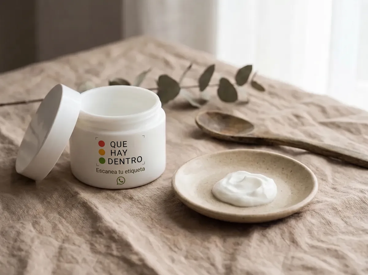 Imagen ilustrativa: tarro de crema facial con el logo de Qué Hay Dentro y la invitación Escanea tu etiqueta por WhatsApp